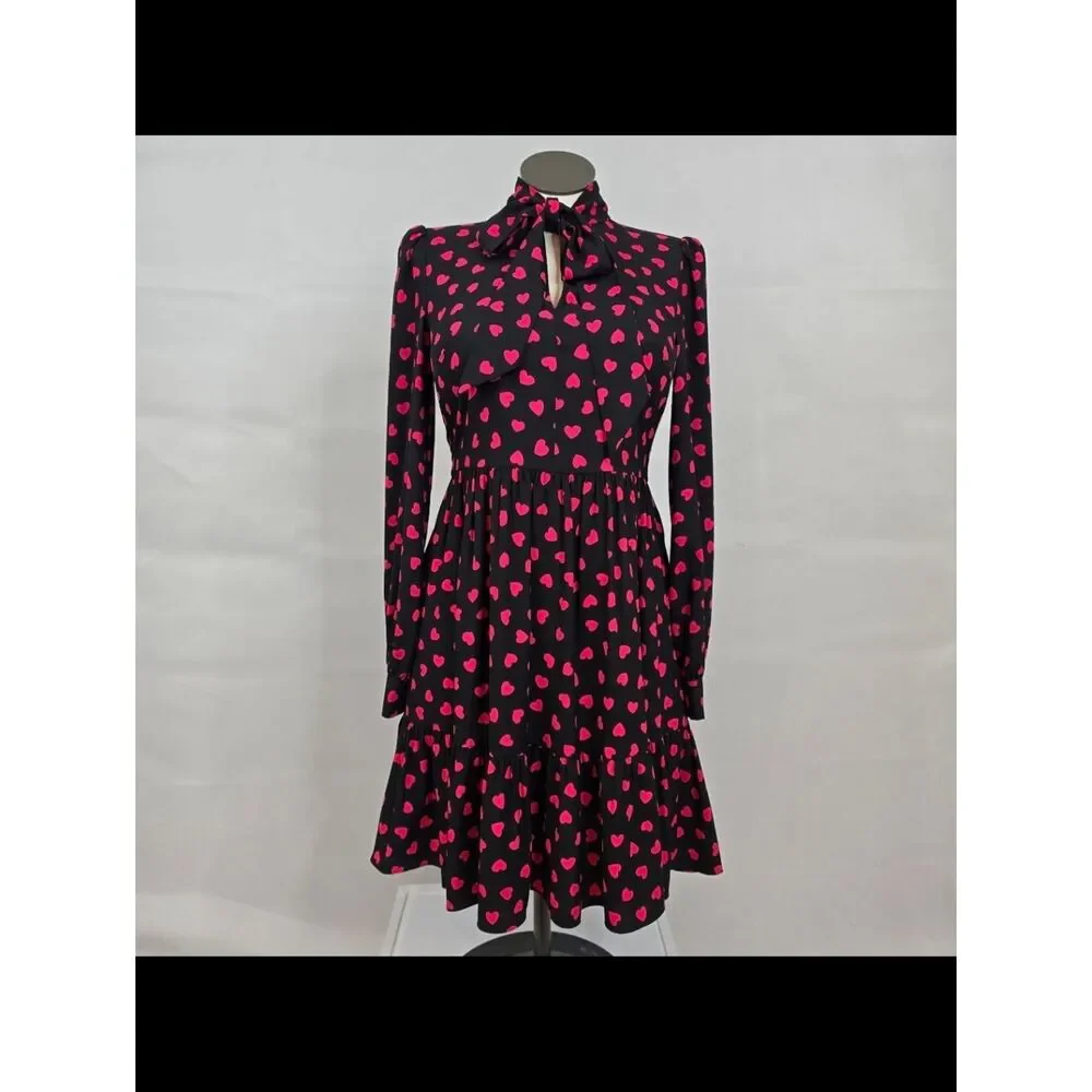 Kate Spade New York Black Pink Heart Print Tie Neck Dress Size 8